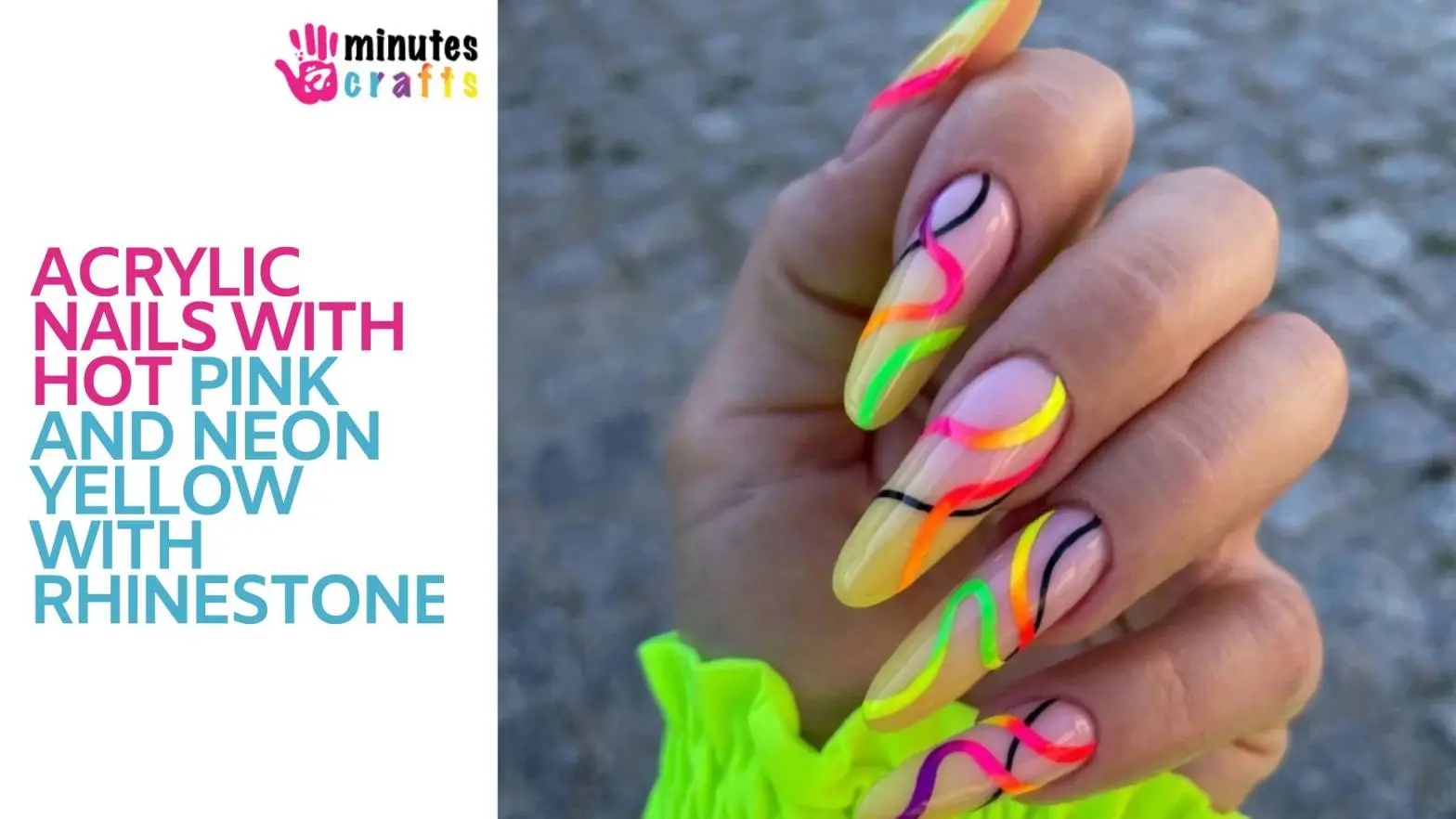  Acrylic Nails With Hot Pink And Neon Yellow With Rhinestone​